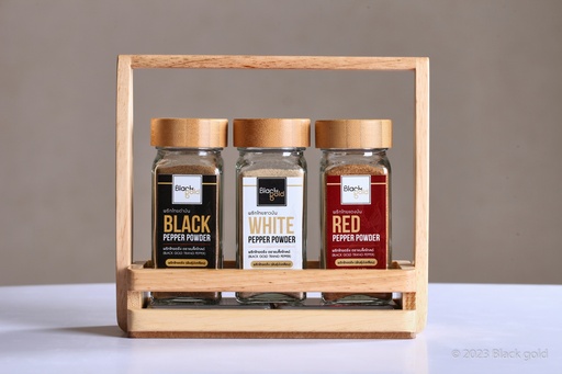 Triple color Trang pepper powder in 50g bottle set with wooden basket