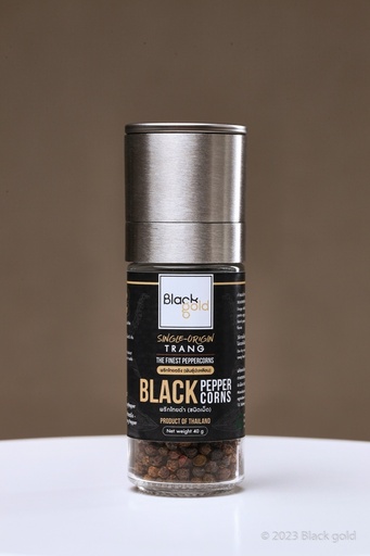 Black Trang peppercorns in 40g adjustable grinder bottle