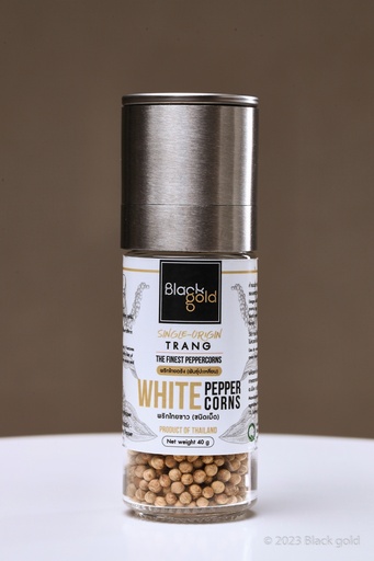 White Trang peppercorns in 40g adjustable grinder bottle